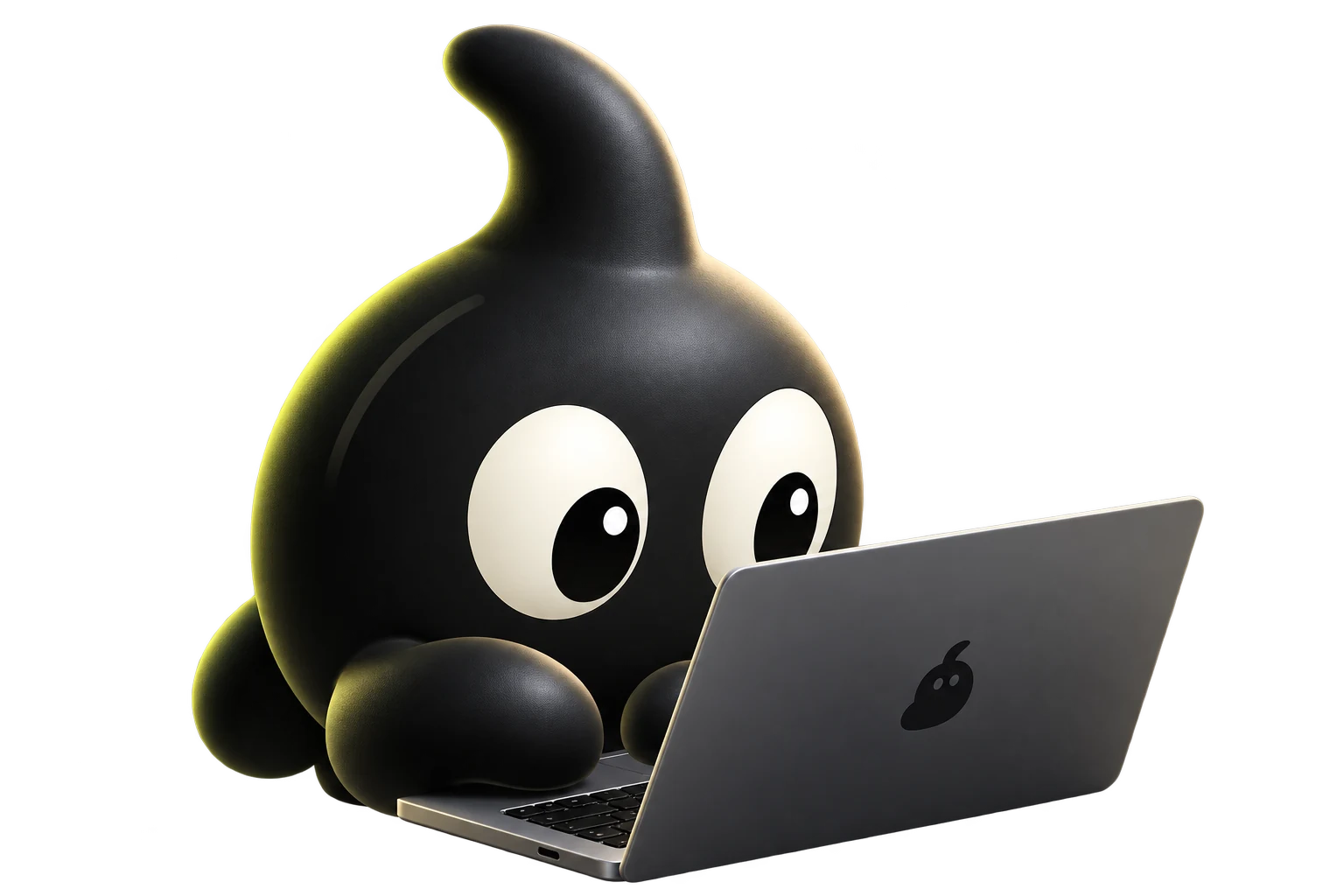 ノートPCに向かいWebサイトを制作する、黒い3DキャラクターKUROKO