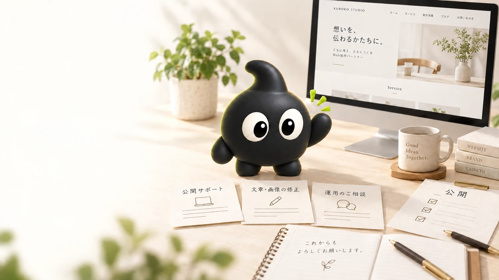 公開したサイトと、手を振って案内するKUROKO